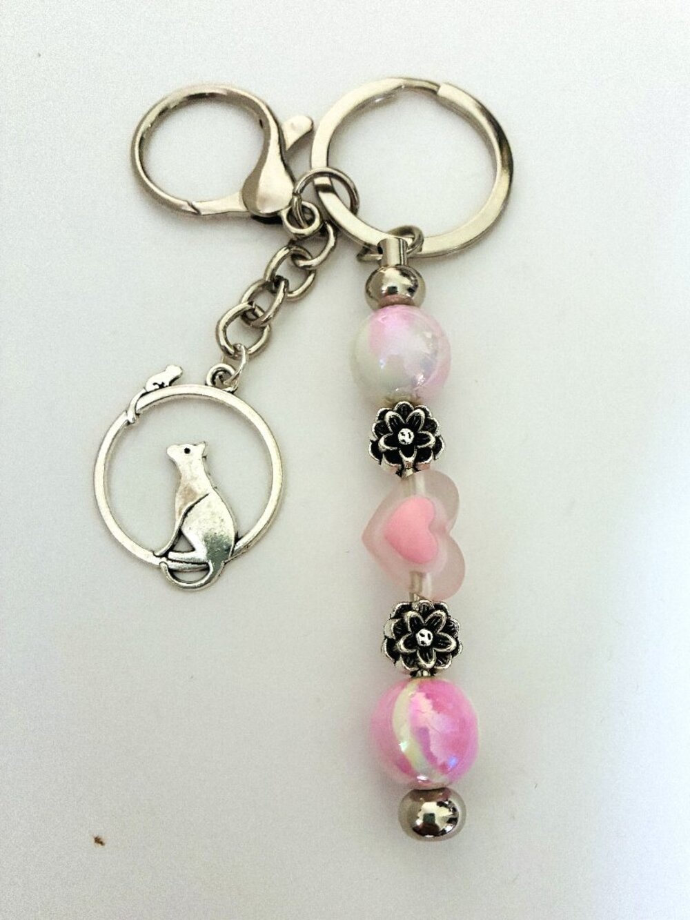 Cat Charm Keychain with Pink Heart Beads